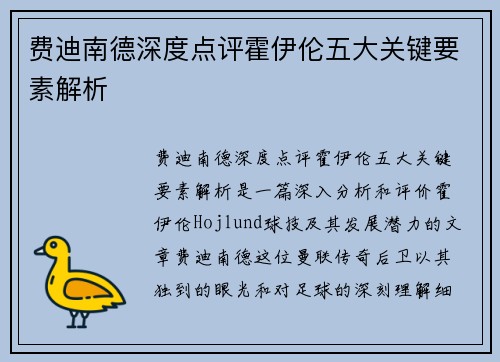 费迪南德深度点评霍伊伦五大关键要素解析