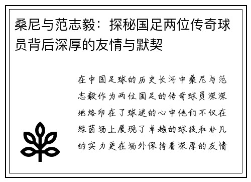 桑尼与范志毅：探秘国足两位传奇球员背后深厚的友情与默契